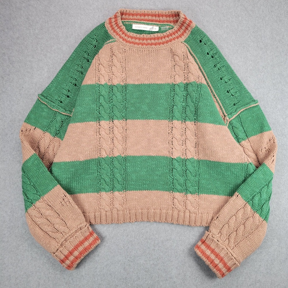 Altar'd State Cece Cable Knit Sweater Womens Medium Green Tan Striped Oversized